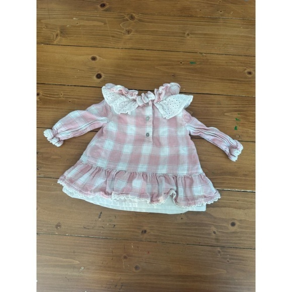 Shabby Chic Baby Girl Pink Plaid Eyelet Lace Ruffle Tunic Top 3-6M